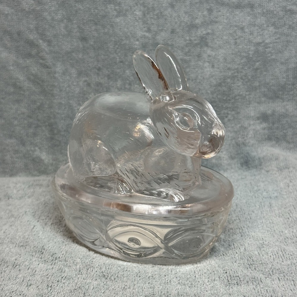 Pfaltzgraff Vintage Clear Pressed Glass Bunny Rabbit on Nest Candy Dish 5" 2 pc